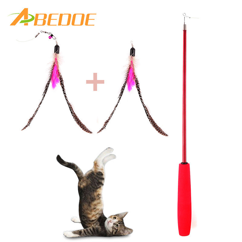 ABEDOE Retractable Teaser Cat Catcher Fishing Pole Wand Rod with 2pcs Large Assorted Feather Toy Great for Kitten Dog